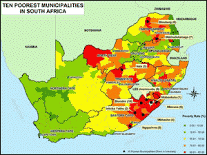 Poverty rate (%) in South African municipalities