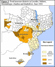 Food insecure districts in Lesotho, Malawi,
Mozambique, Zambia and Zimbabwe, June 2004