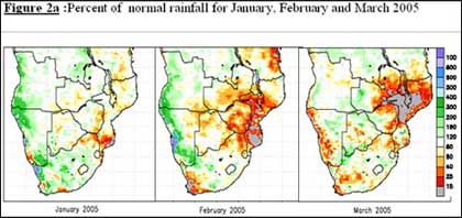 Percent of normal rainfall for January, February and March 2005